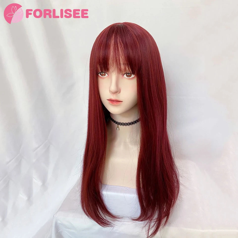 Forlisee Matte Wine Red Long Straight Wig with Bangs