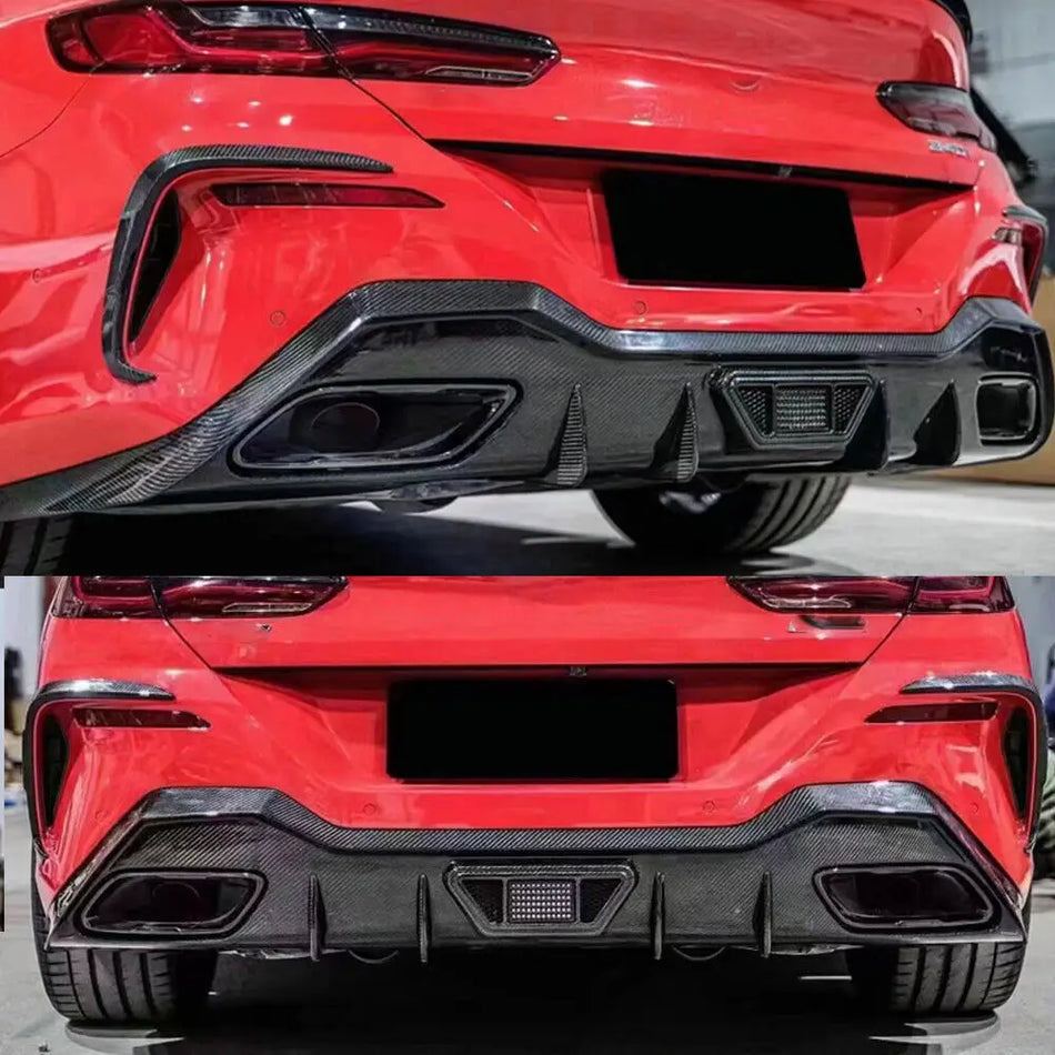 Parachoques trasero de la serie 8 de BMW G14 G15 con luz de freno LED aspecto de fibra de carbono