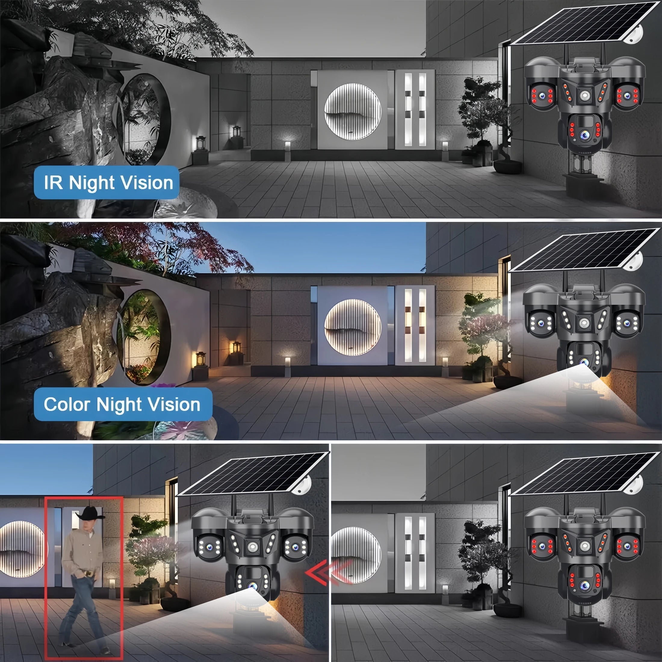 V380 Pro 15MP WIFI IP Solar Camera Three Lens Audio Outdoor IP66 Waterproof Built-in Battery HD Security CCTV 4G Network Camera