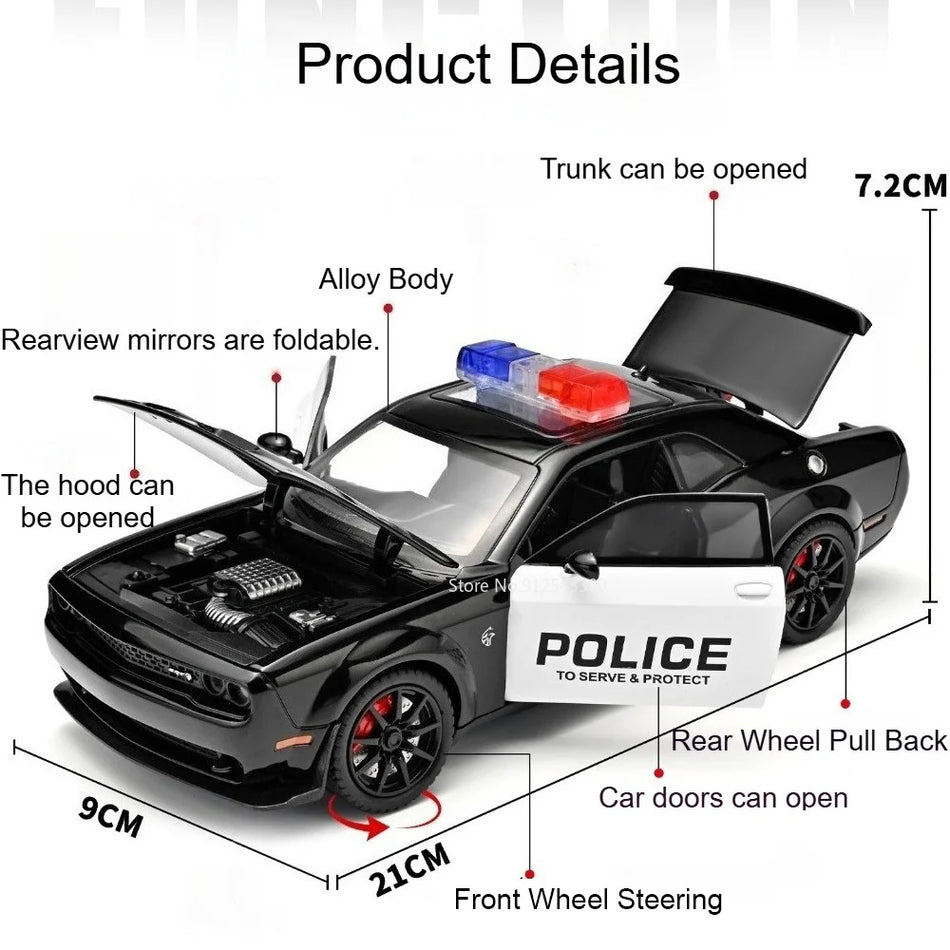 Modelo de coche de policía de metal a escala 1:24 con retroceso, puertas que se abren, Hellcat de ojos rojos.