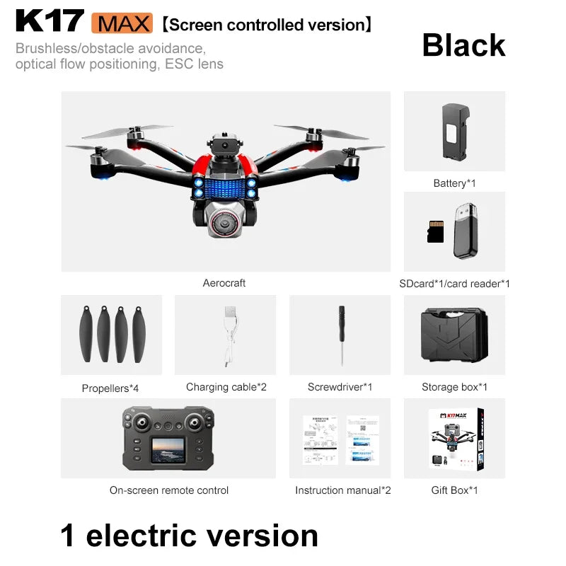K17Max Mini RC Drone - 4K HD Dual Camera With Screen Black with 1Battery