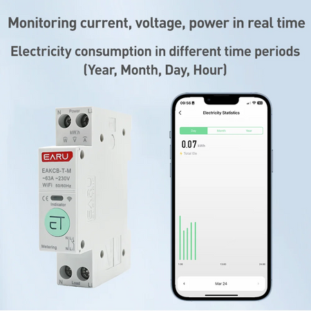 Tuya WiFi Zigbee Smart Circuit Breaker 1P+N 63A with Energy Monitoring and Voice Control