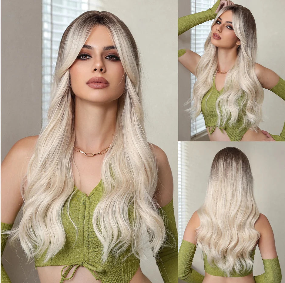 Long Wavy Layered Synthetic Wig with Brown Highlights and Side Bangs LC1153-1 / 24inches