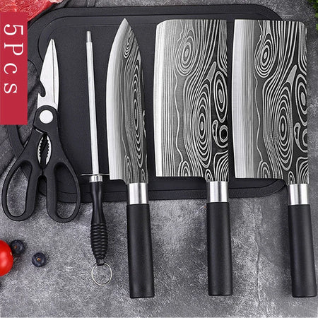 Laser Damascus Kitchen Knives Set with Scissors and Sharpening Rod 5 Pcs