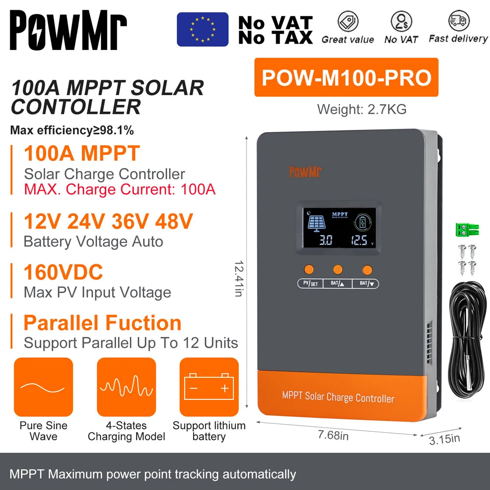 PowMr MPPT Solar Charge Controller &ndash; LCD Display, 12V-48V MPPT 100A-Parallel / france