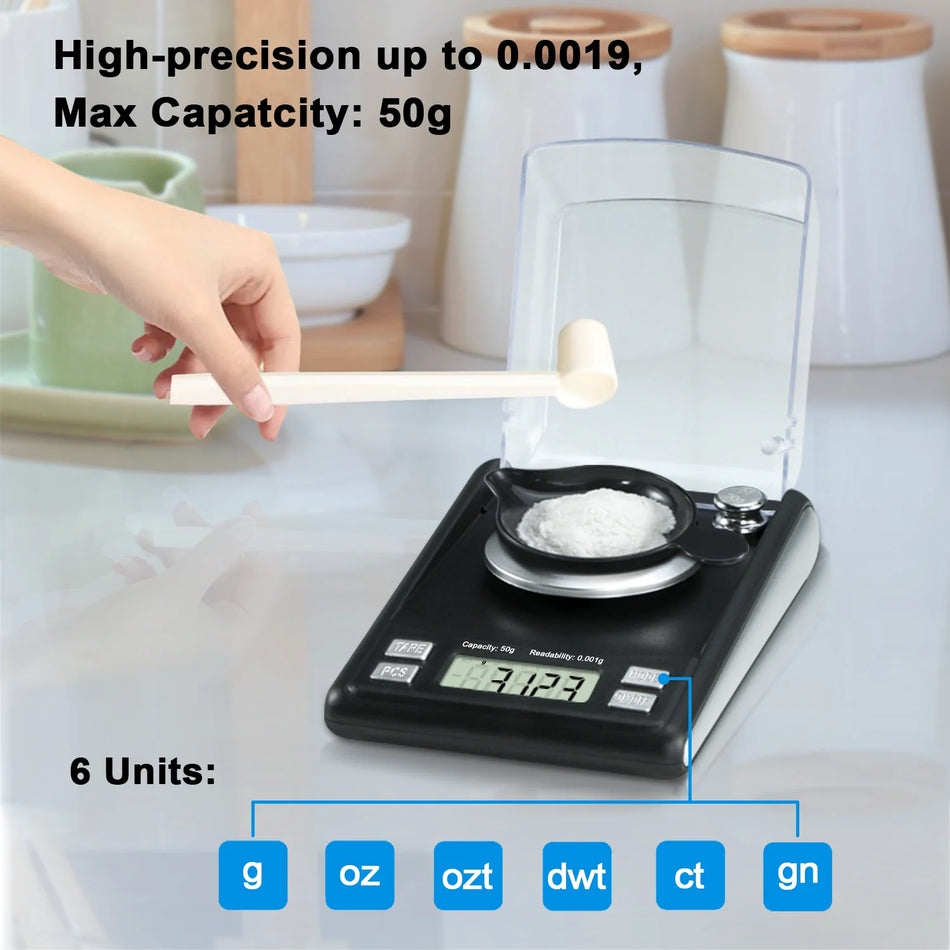 Milligrammwaage 50 g, 0,001 g Präzision, Pulver-Mikrowaage mit Batterie