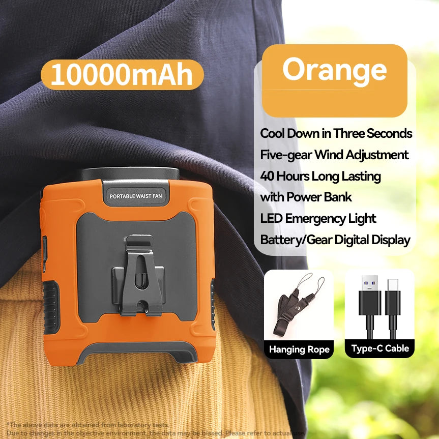 NoEnName Null 20000mAh Outdoor Portable Waist Fan &ndash; Strong Wind with Power Bank and LED Lighting 10000mAh Orange