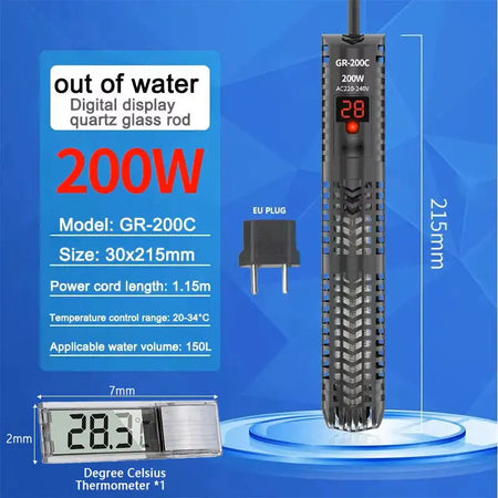 Aquarium Submersible Heater With Thermometer 220 240V 200C and Silver THE