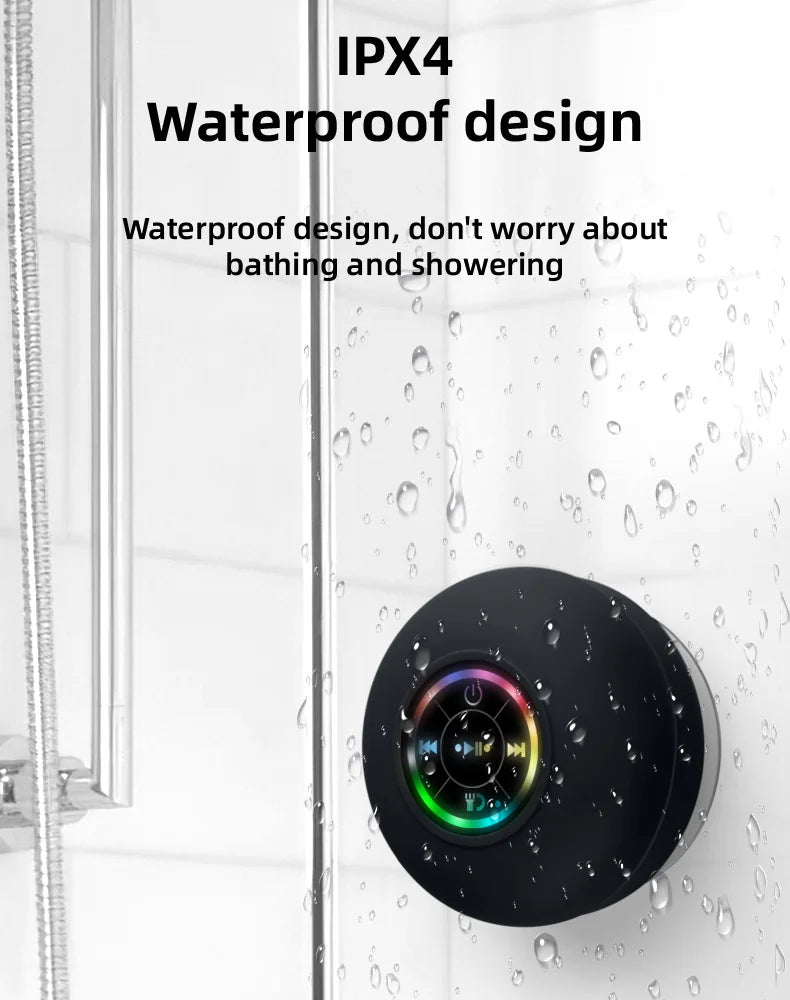 Waterproof Bluetooth Shower Speaker with LED Lights &amp; Suction Cup, Portable 3D Stereo Subwoofer