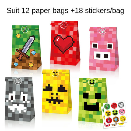 Game Pixel Mosaic Kraft Paper Candy Bags - 12/24/48pcs for Kids Parties