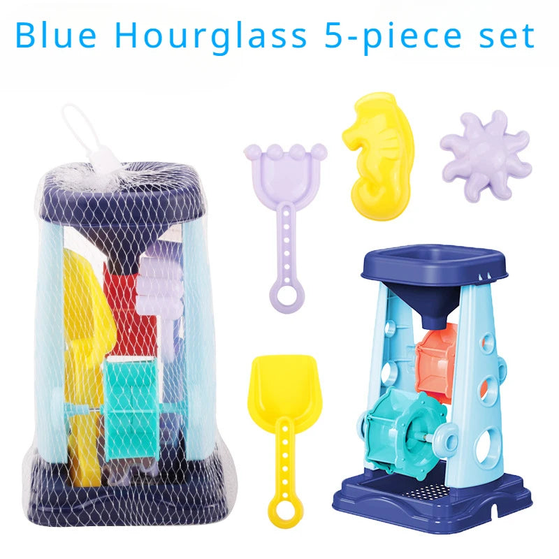 Children's Summer Beach Toy Set - Sand Wheel, Bucket, Shovel, Rake, Sailboat &amp; More for Creative Play 5pcs Blue Hourglass / CHINA