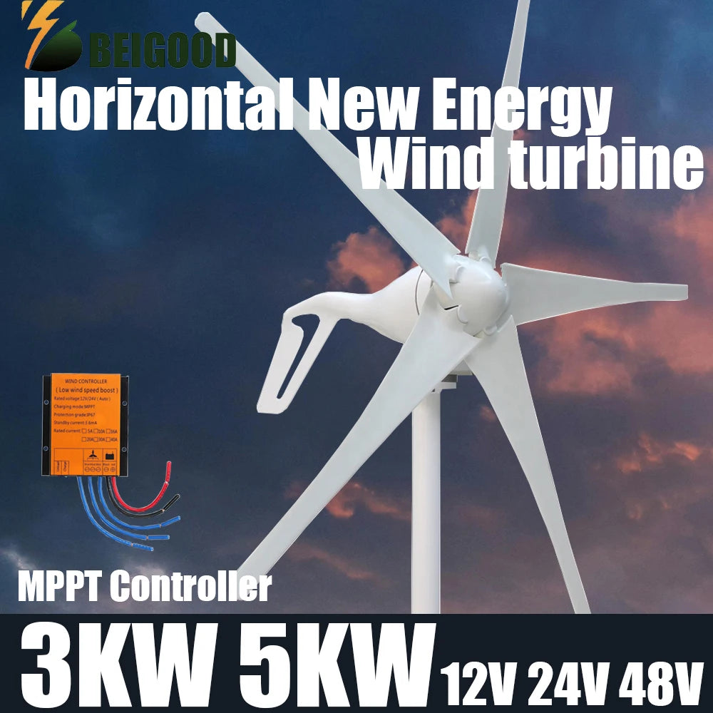 BEIGOOD 3000W/5000W Horizontal Wind Turbine Generator with MPPT Controller 5KW with controller / 48V / 8 blades