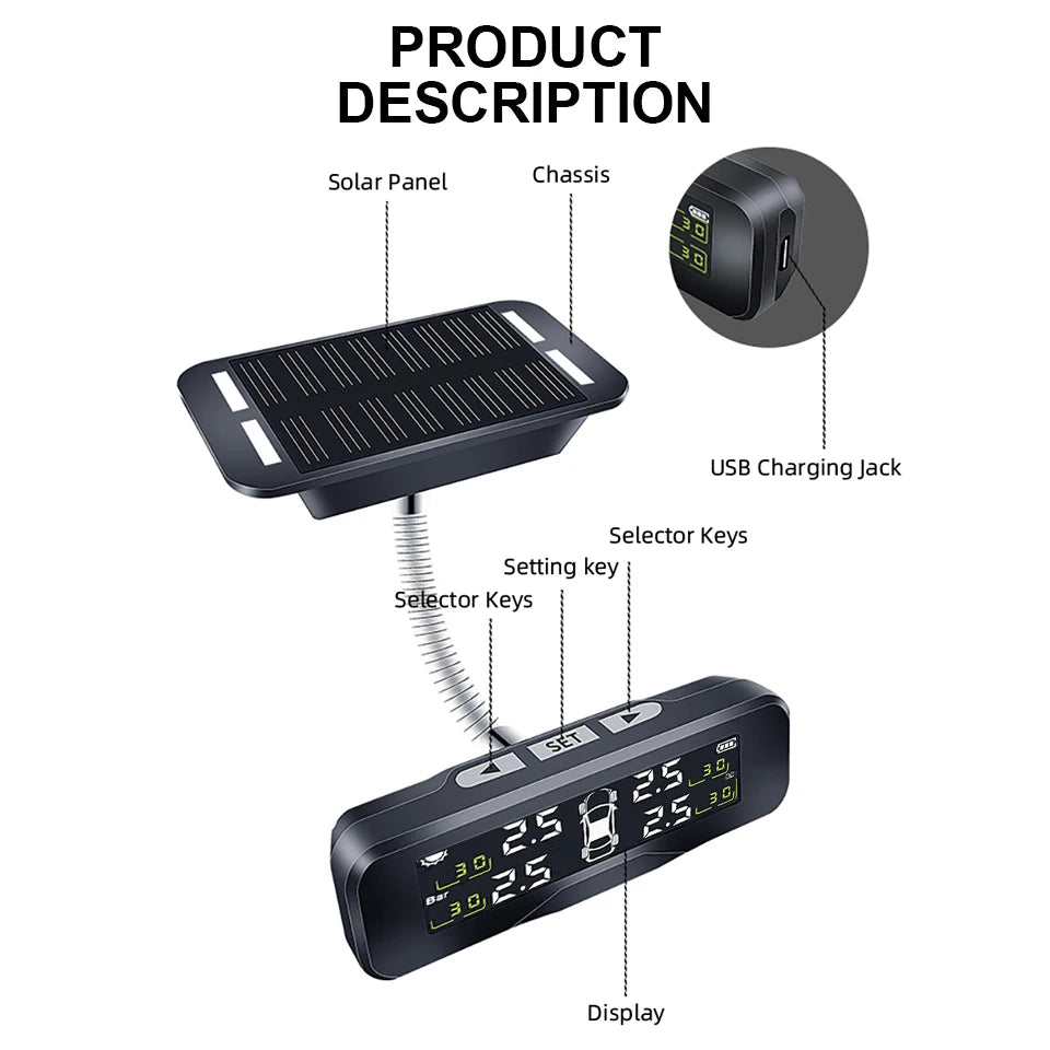 Solar Charging TPMS 4 Sensors - Accurate Pressure Alarm