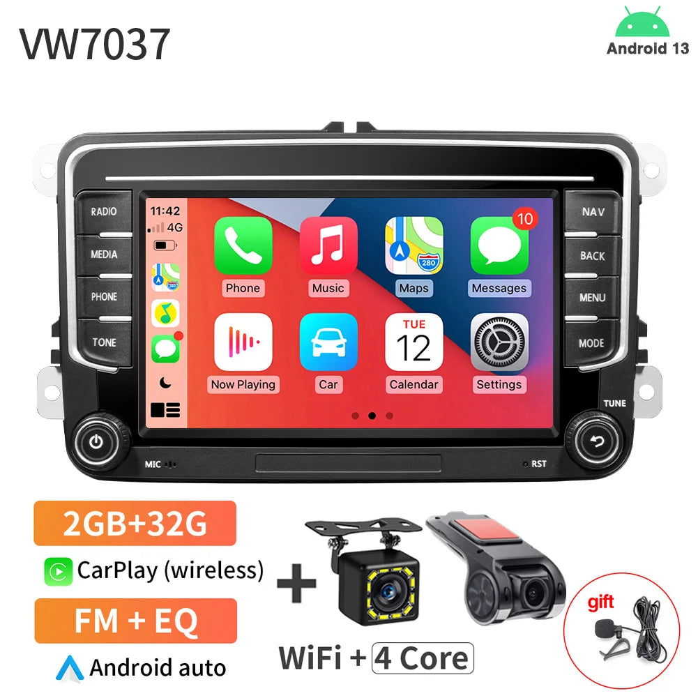 AKAMATE Car Radio CarPlay Android Auto &ndash; 7 Inch 4GB 64GB VW7037 DVR 12LED MIC