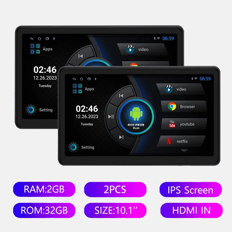 Incell 10.1 Inch Android 13 Car Headrest Monitor &ndash; Ultra-Thin Touch Screen with Carplay and Ambient Lights 2-32GB 2PC monitors