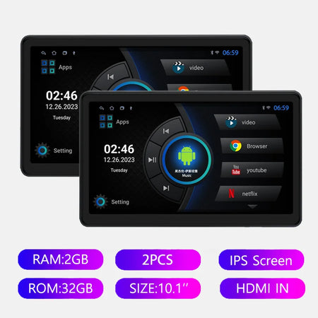 Incell 10.1 Inch Android 13 Car Headrest Monitor &ndash; Ultra-Thin Touch Screen with Carplay and Ambient Lights 2-32GB 2PC monitors