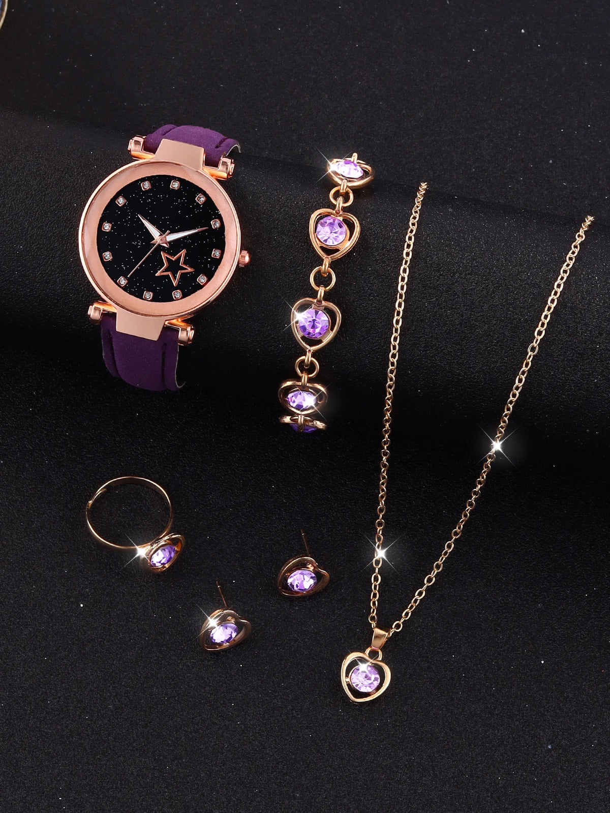 Purple Five-Pointed Star Quartz Watch &amp; Hollow Necklace Set Purple 1