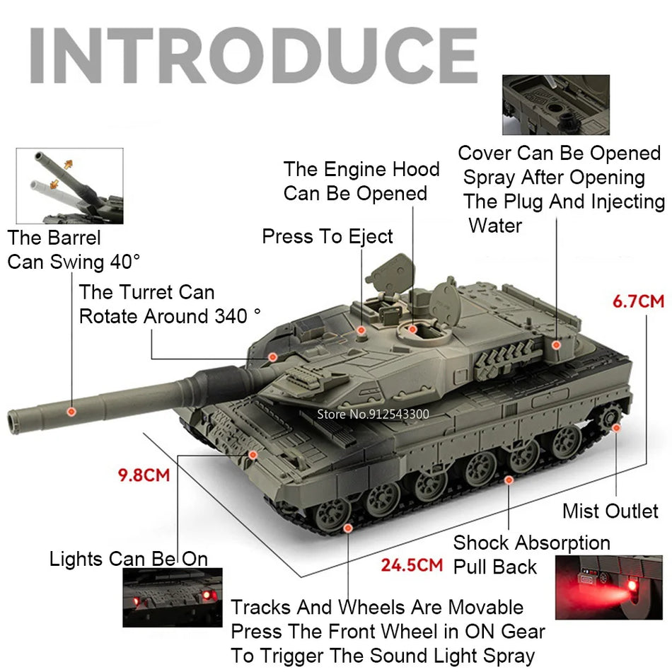Model de jucărie din metal Leopard 2 Tank de luptă cu sunet și lumină 1:36