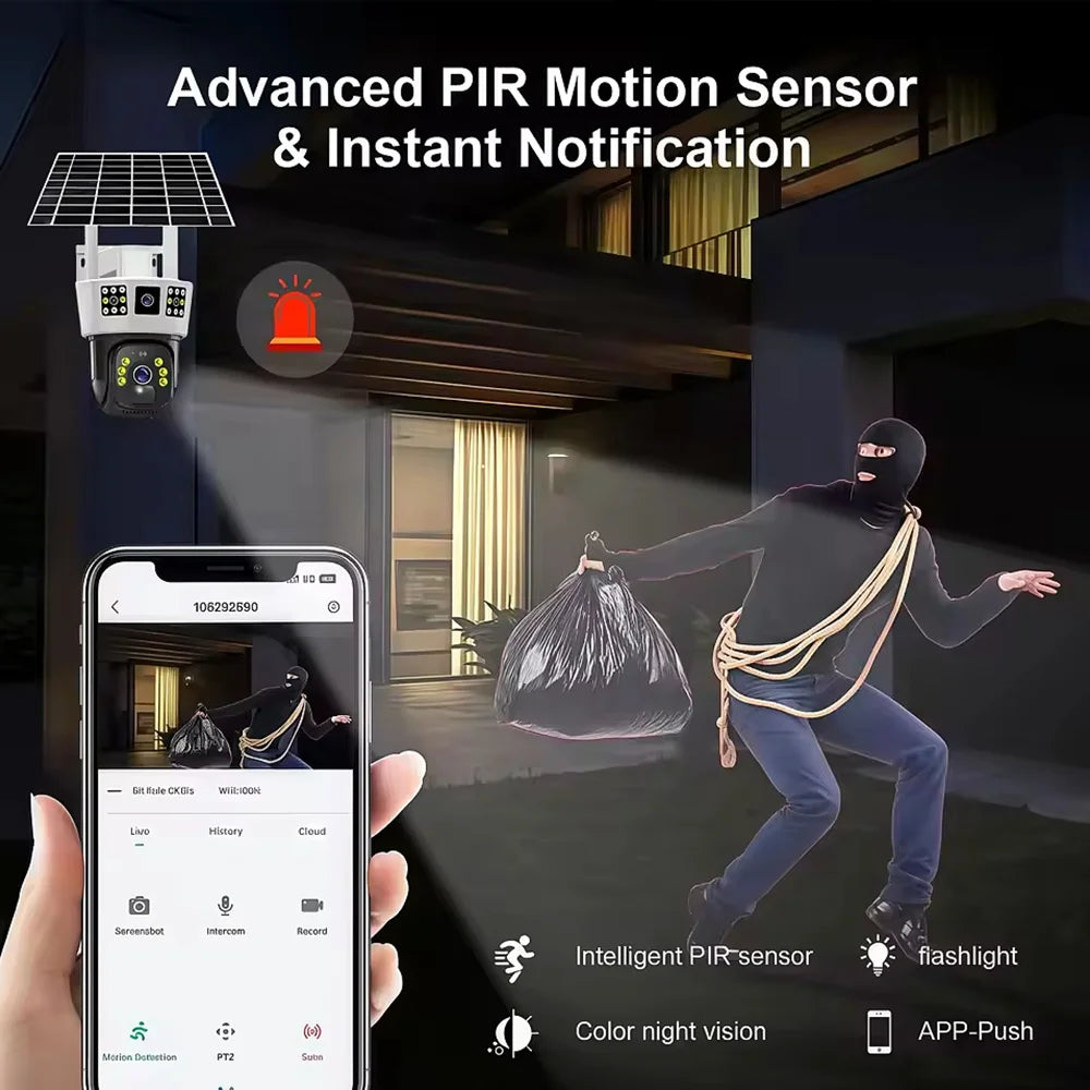 V380 Pro Outdoor Solar  Wifi Camera  with Night Vision CCTV PIR Human Detection Surveillance 12MP HD PTZ Home Security Monitor