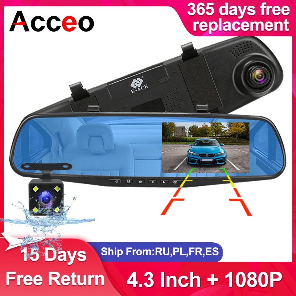 Dashcam 4.3Inch 1080P IPS Car DVR Mirror - Dual Lens