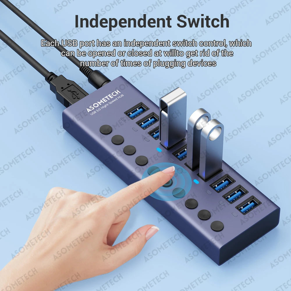 ASOMETECH 10 Port USB 3.0 Hub &ndash; High-Speed 5Gbps Data Transfer