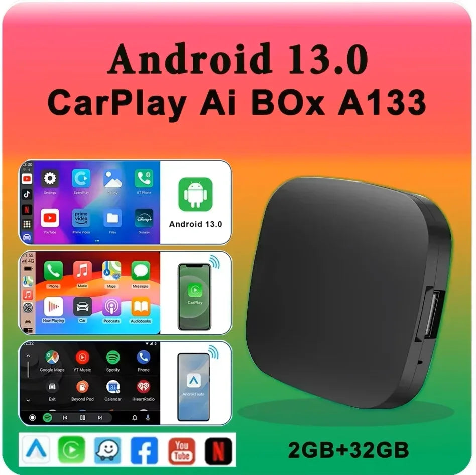 Wireless Android Auto CarPlay TV Box With Android 13 Quad Core, YouTube Netflix