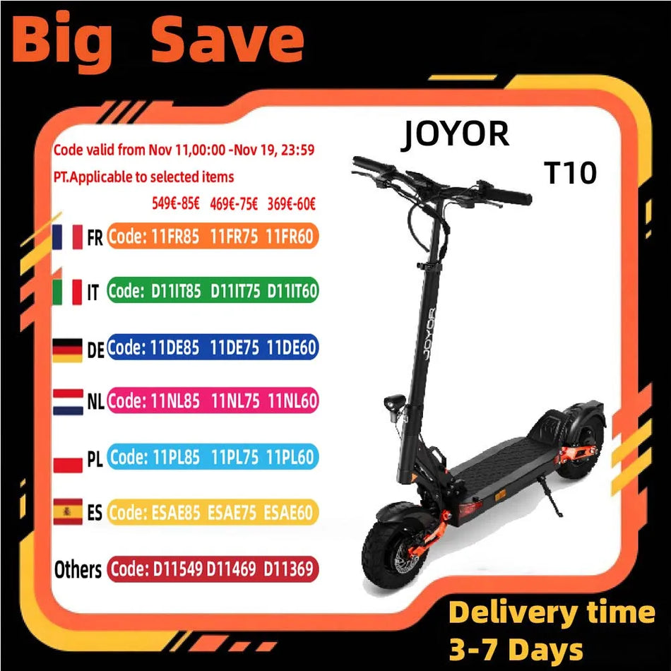 JOYOR T10 Ηλεκτρικό Σκούτερ με Διπλούς 1000W Κινητήρες, Εκτός Δρόμου 10-Ιντσών Αναδιπλούμενο