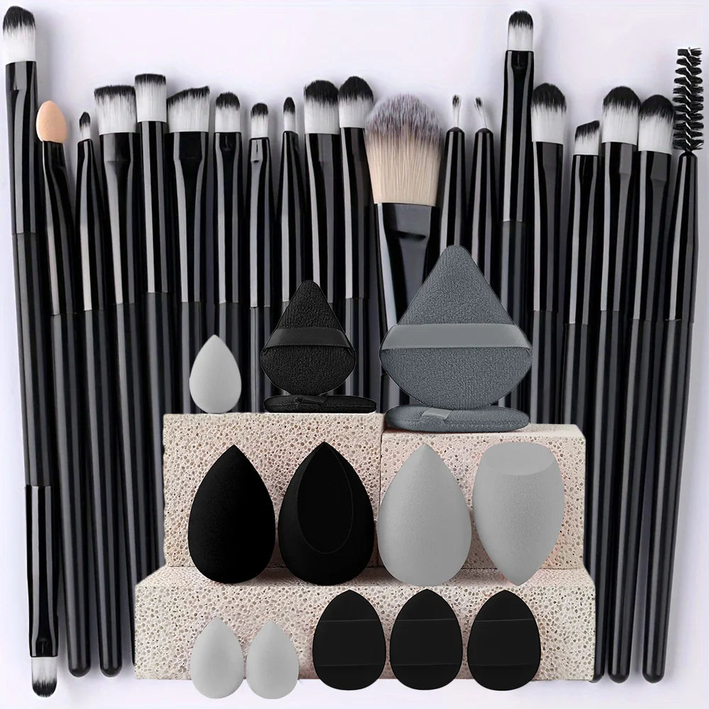 Portable 8/22/34Pcs Makeup Brush Set - Soft, Versatile Beauty Tool Kit Black-34