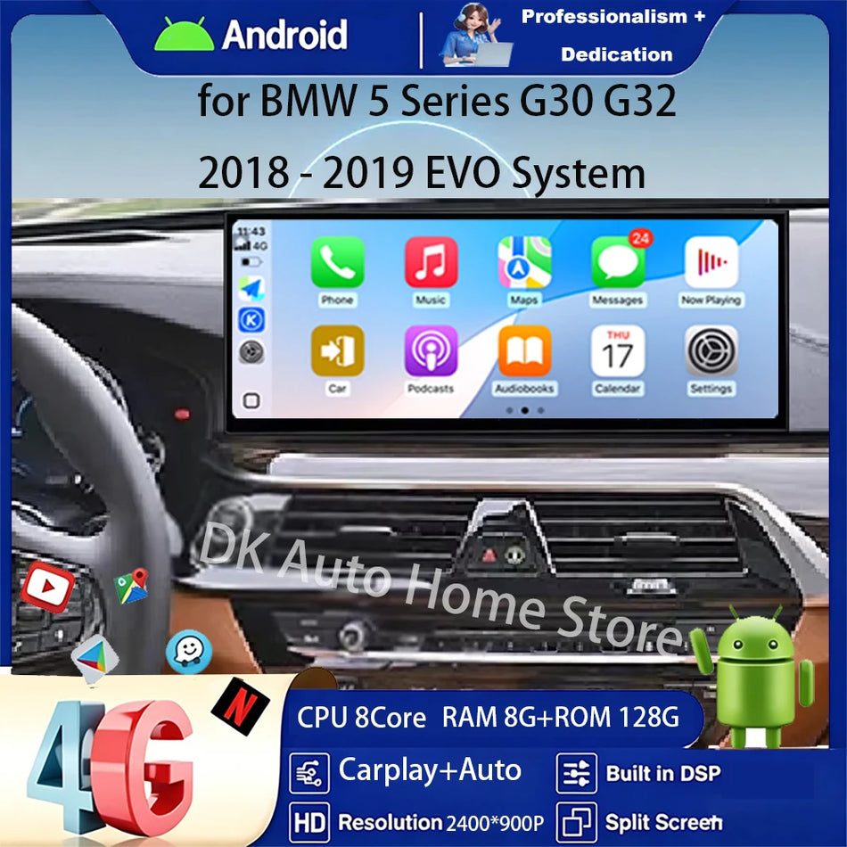 12,3-calowy odtwarzacz radiowy Android 16 do samochodu dla BMW serii 5 G30 G32 EVO z bezprzewodowym Carplay, Bluetooth i nawigacją GPS