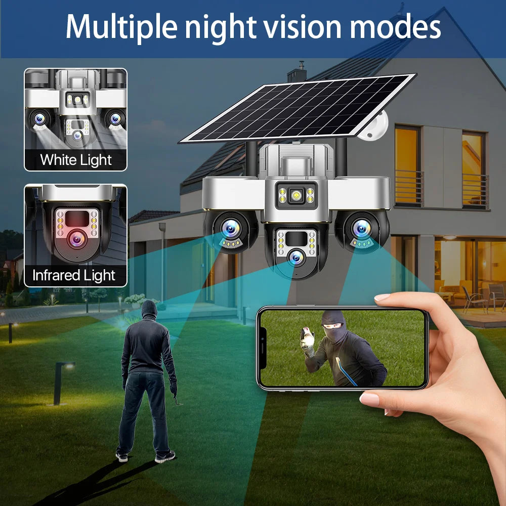 V380 Pro WIFI Three PTZs Lens Solar Camera 15MP Outdoor Waterproof CCTV Mobile Tracking IP Cam Night Vision Two-Way Audio Camera