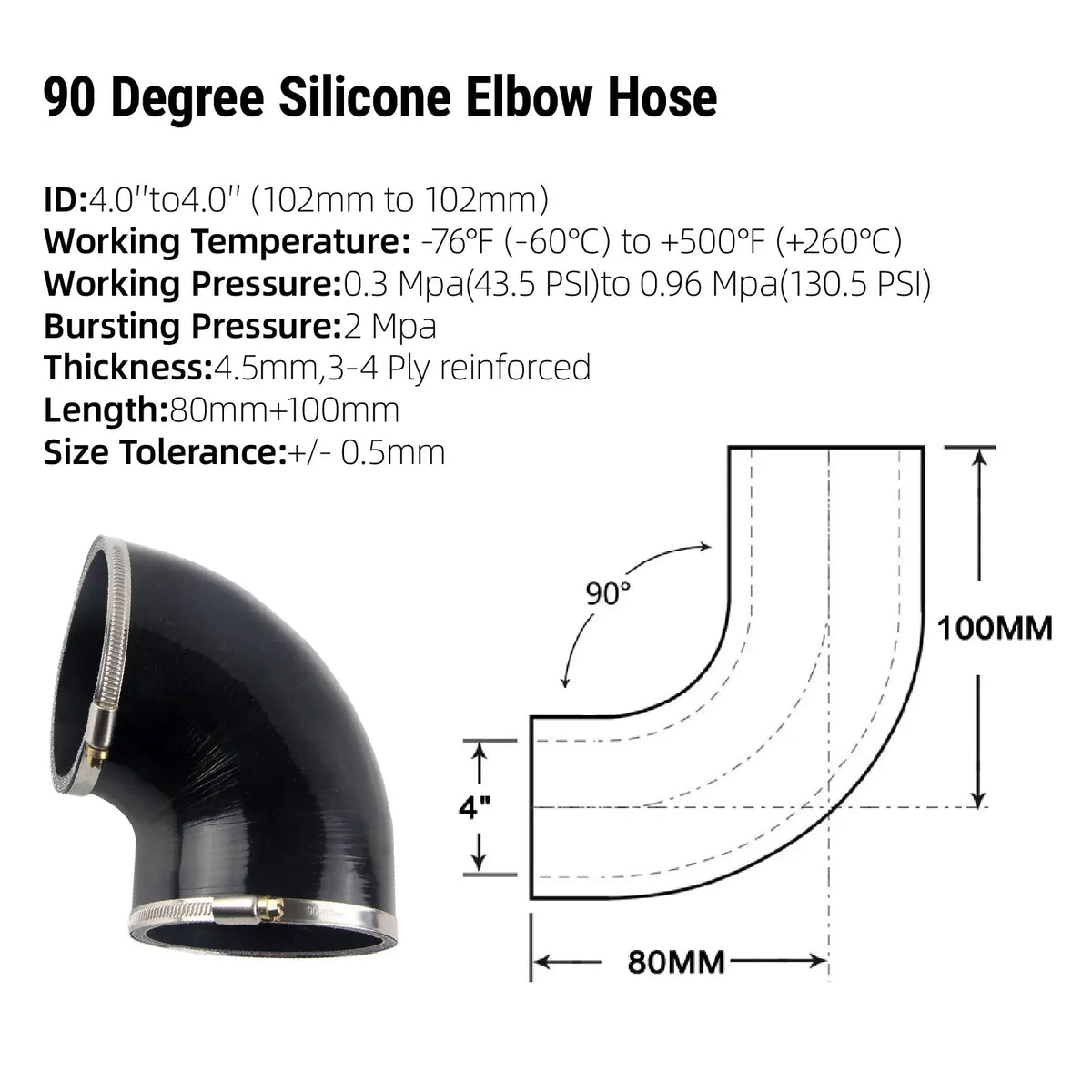 PIKBUK Silicone Elbow Silicone Hose Turbo Coupler Intake Pipe 4" Inch 102mm 90 Degree Black by InterCyprus Trading Ltd