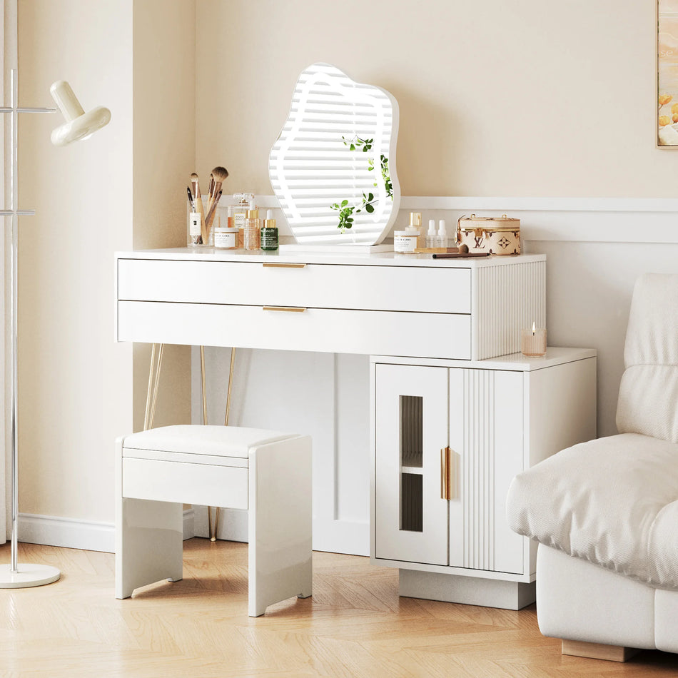 White Dressing Table With LED Mirror Extendable Vanity