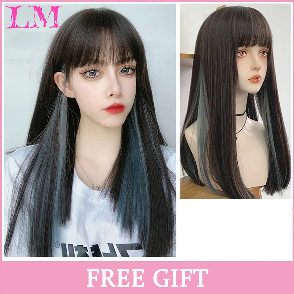 LIANGMO 24-Inch Heat-Resistant Pink Straight Wig with Bangs