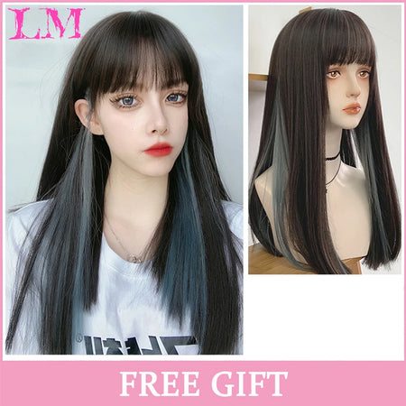 LIANGMO 24-Inch Heat-Resistant Pink Straight Wig with Bangs
