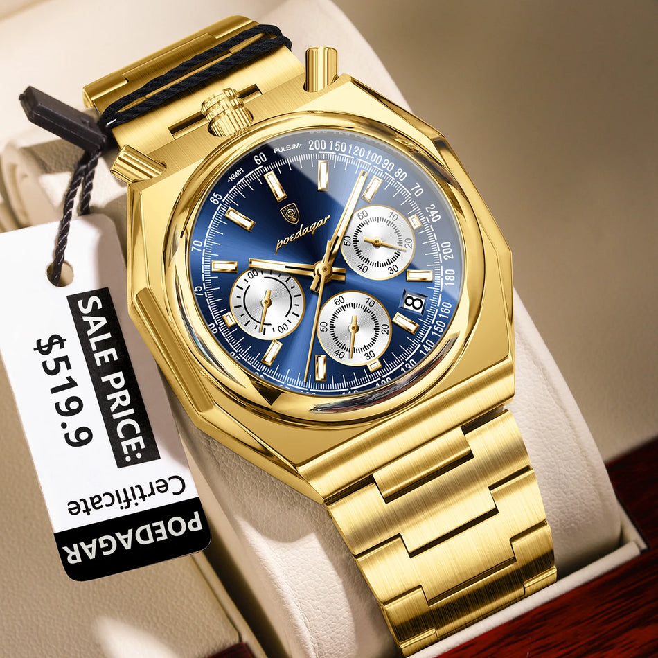 POEDAGAR Luxe Heren RVS Chronograaf Horloge Met Luminous Datum