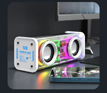 Transparent TWS Bluetooth Speaker 5.0 with Double Bass Diaphragm, RGB Lights, and Dual Subwoofer for Party Music White