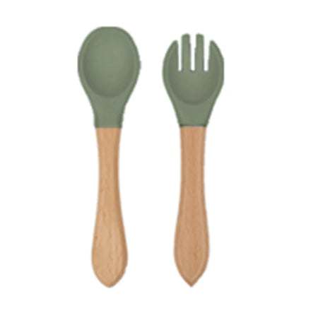Soft Silicone Fork and Spoon Set for Babies Army green-2Pcs