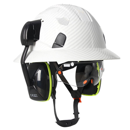 CE Full Brim Hard Hat With Goggles Earmuffs &ndash; All In One Bright White set