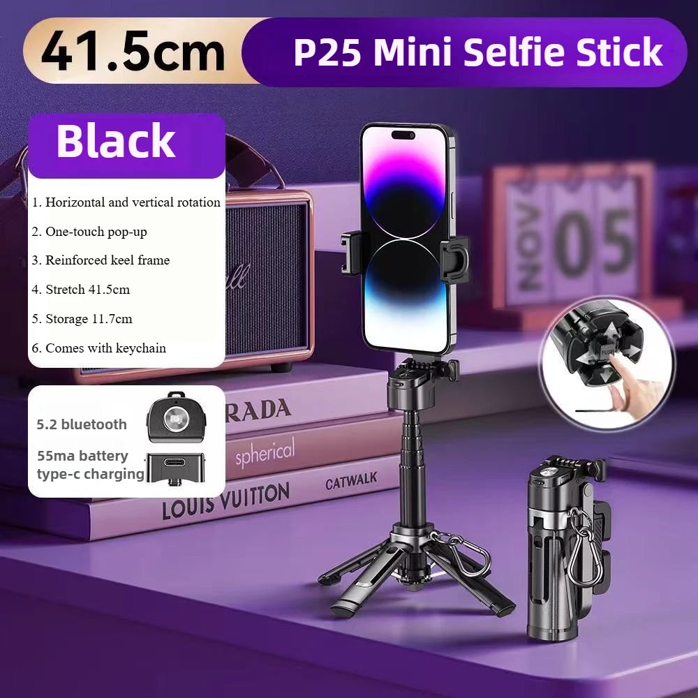 LISCN P25 Mini Portable Selfie Stick with Anti-Shake Quadpod and Wireless Remote P25 Black