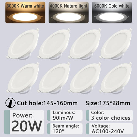 8 Pack Recessed Led Downlight 8 Inch &ndash; Multi Color Temp 20W / Cold white 6000K / AC100-240V