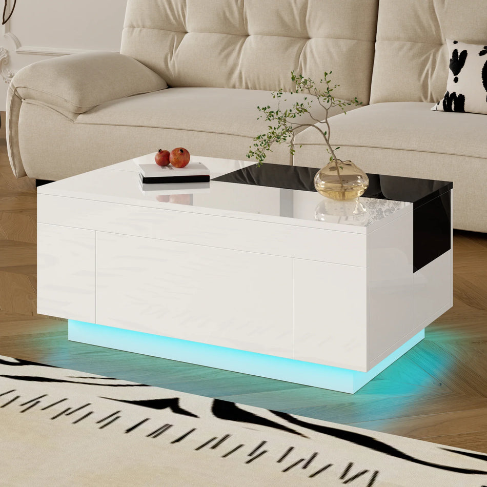 Mesa de café LED de alto brillo con tapa extensible en blanco y negro
