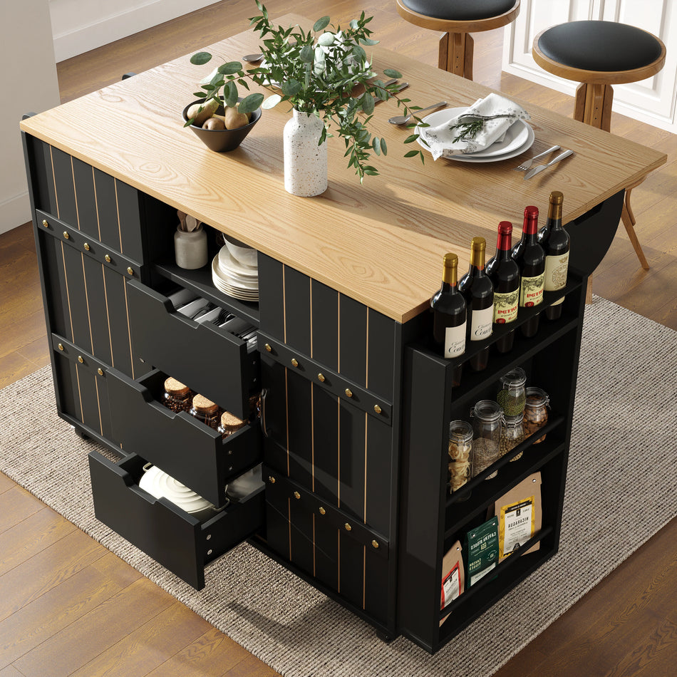 Black Kitchen Island Cart With Sliding Doors And Spice Rack