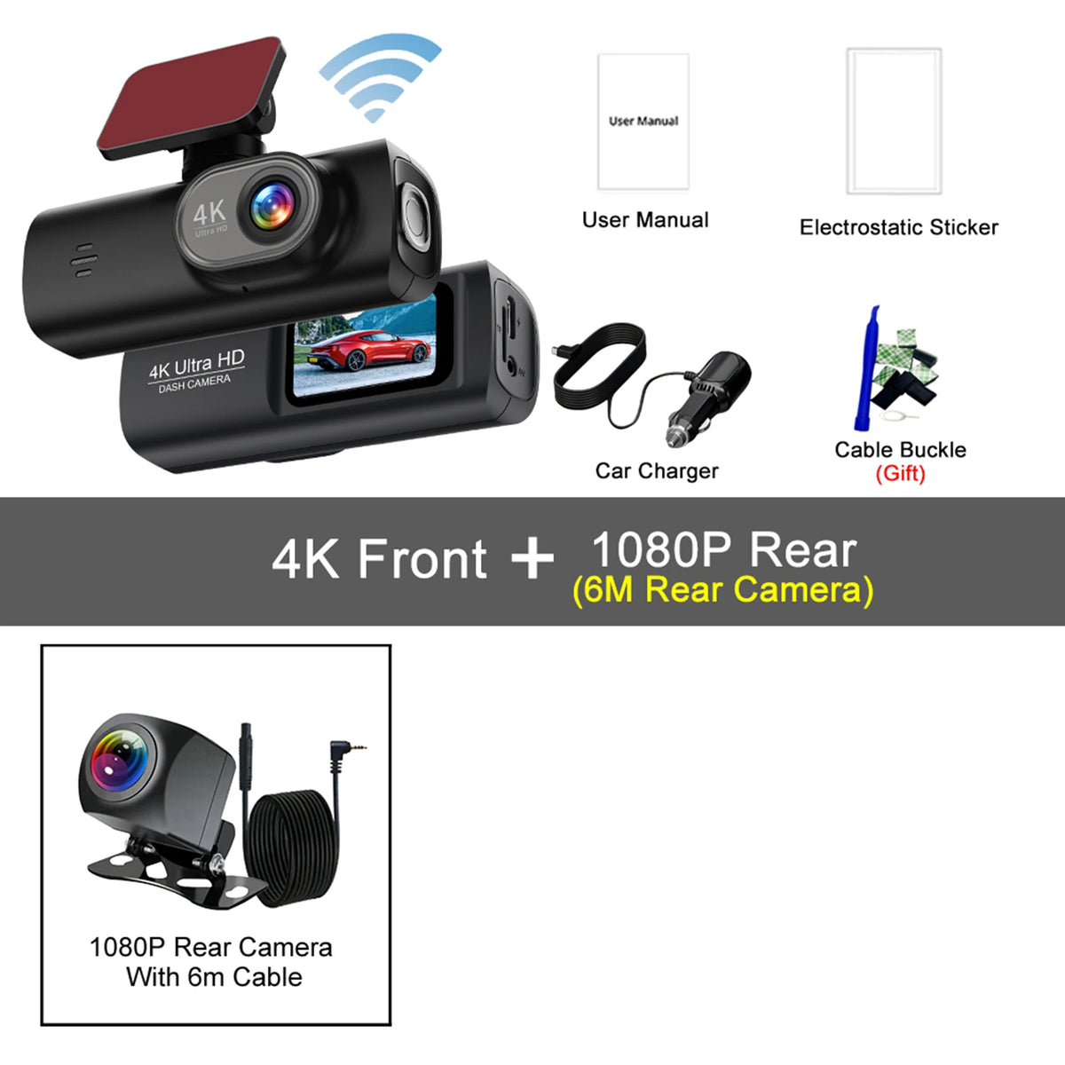 4K WIFI Dash Cam Mini Car DVR &ndash; Dual Lens Front and Rear with Night Vision and GPS 4K-6M 1080P / 32G