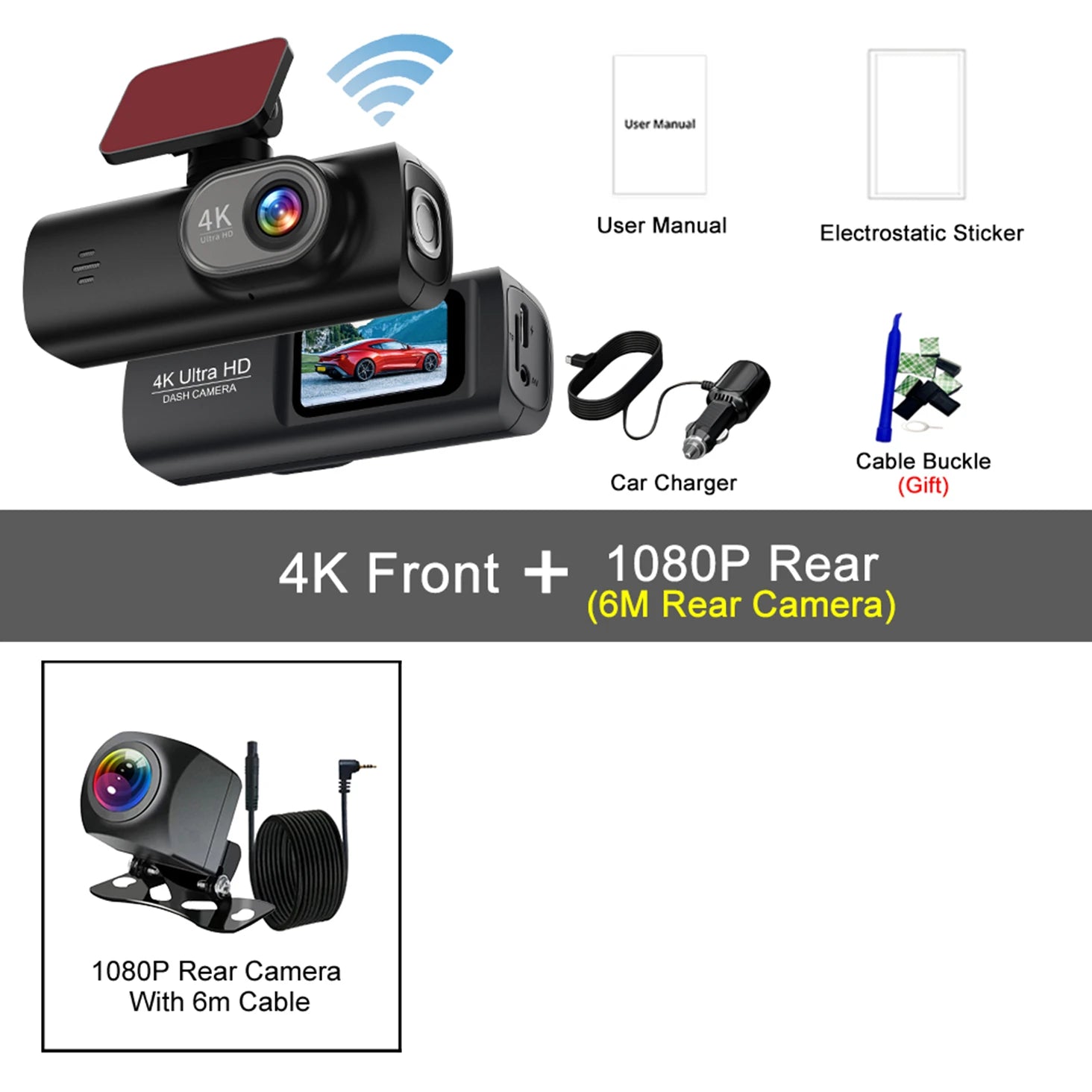 4K WIFI Dash Cam Mini Car DVR &ndash; Dual Lens Front and Rear with Night Vision and GPS 4K-6M 1080P / 32G