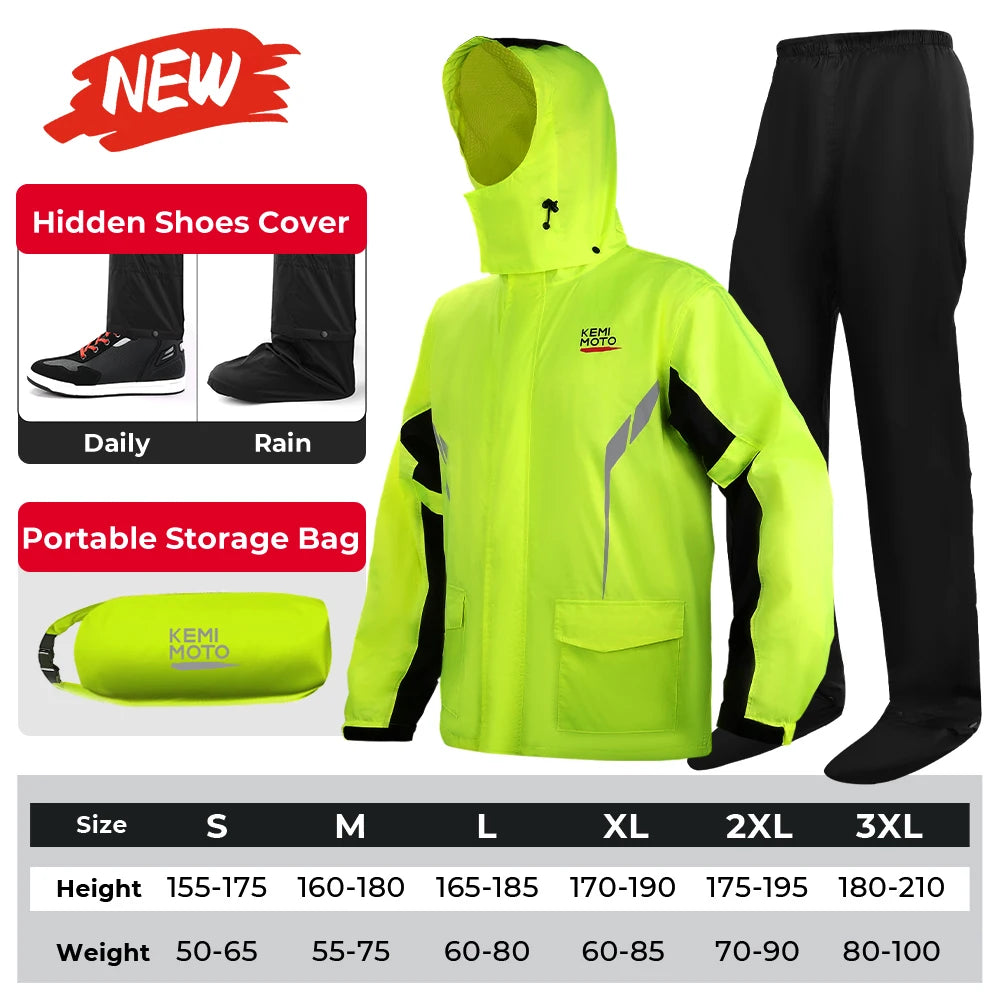 KEMITOUR Summer Motorcycle Raincoat &ndash; LED Alert Rain Gear KEMIMOTO-Green / S / CHINA