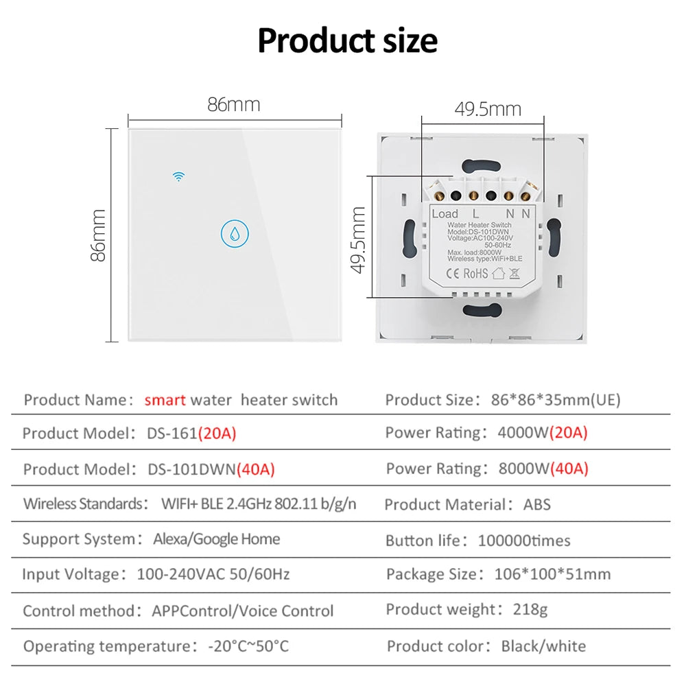 Chevolink 40A Smart WiFi Touch Wall Switch for Water Heater &amp; High-Power Devices