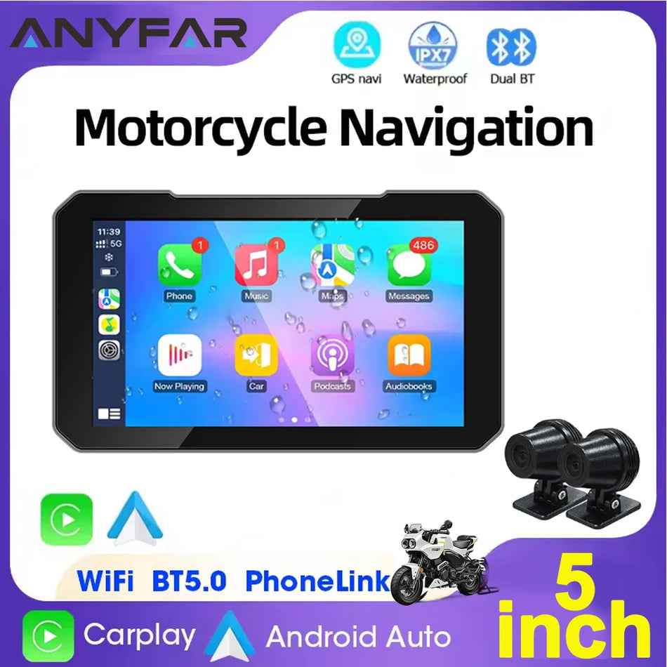 Мотоциклетен CarPlay 5-инчов екран с 1080P двойна камера Android Auto, IP67