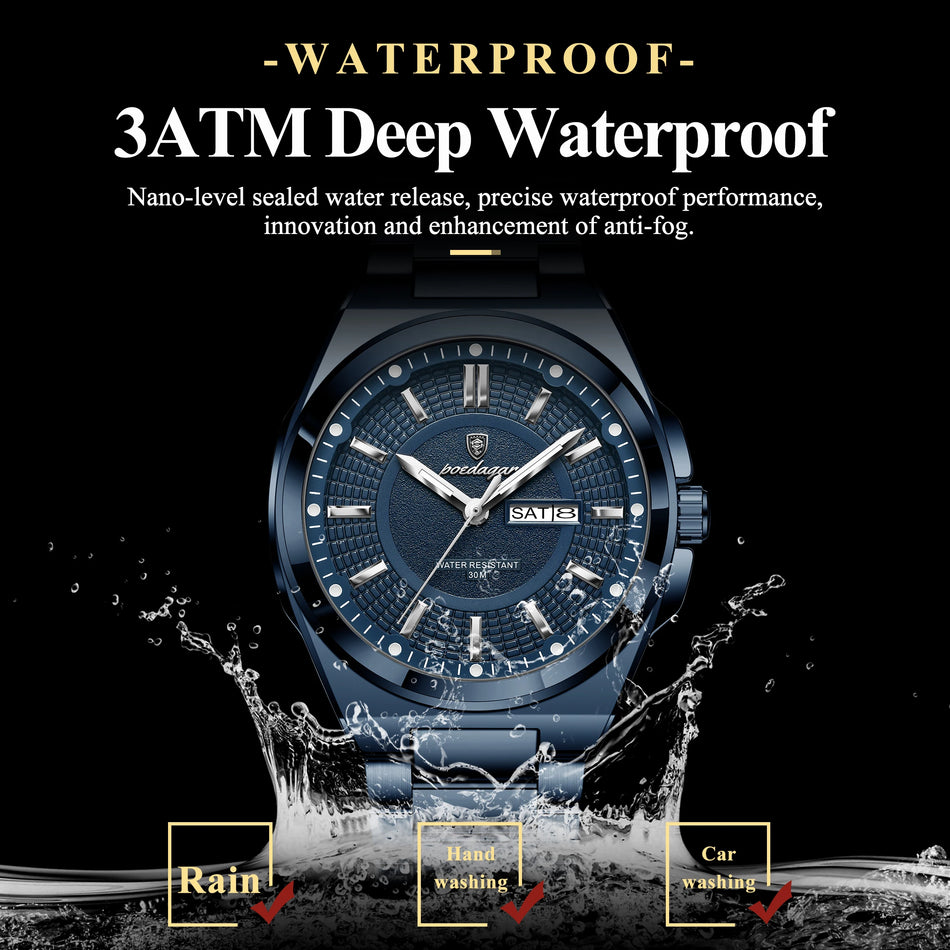 POEDAGAR Stainless Steel Men's Watch, Waterproof Quartz, Date and Day