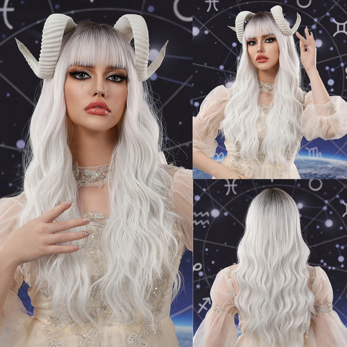 Long Wavy Layered Synthetic Wig with Brown Highlights and Side Bangs LC1138-1 / 24inches