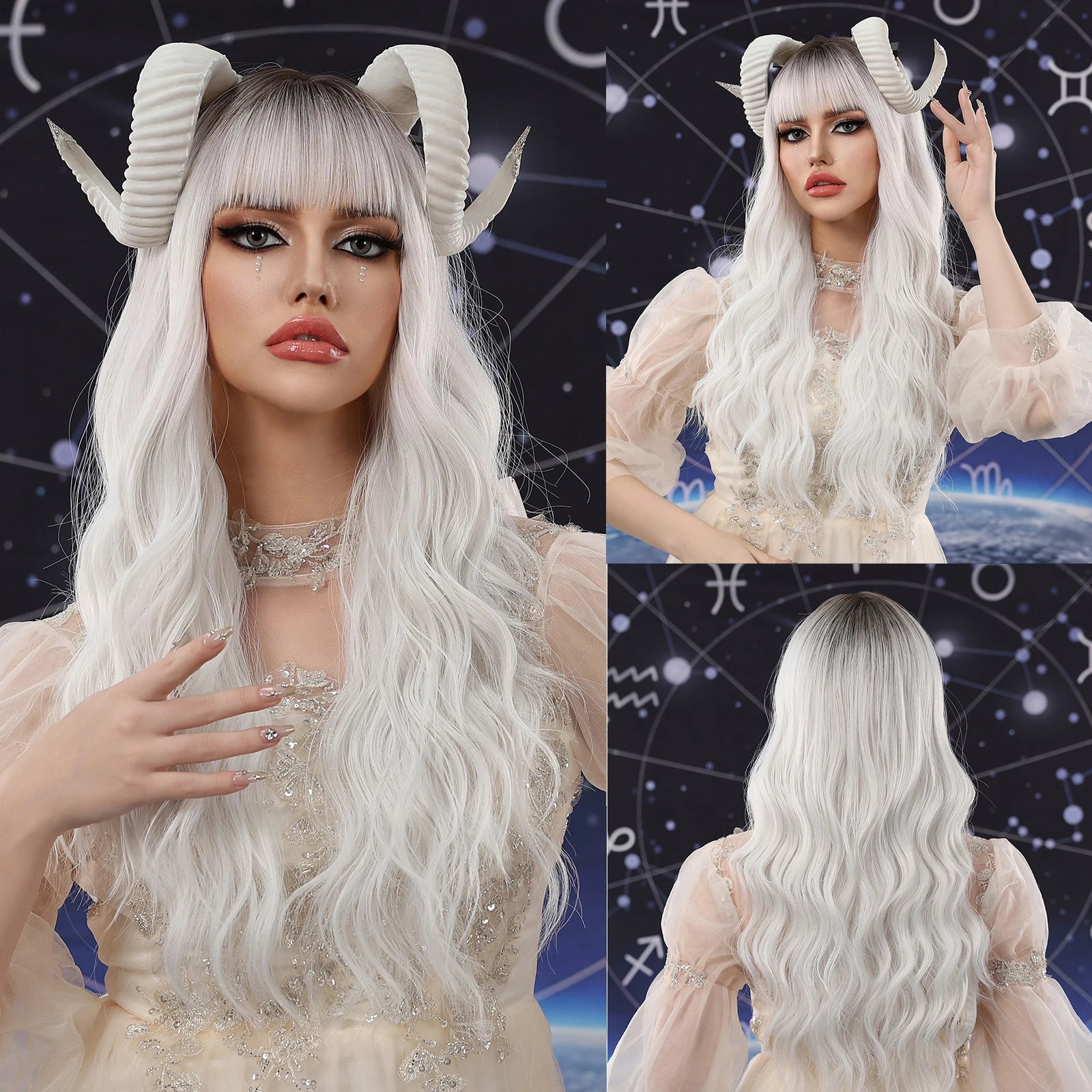 Long Wavy Layered Synthetic Wig with Brown Highlights and Side Bangs LC1138-1 / 24inches